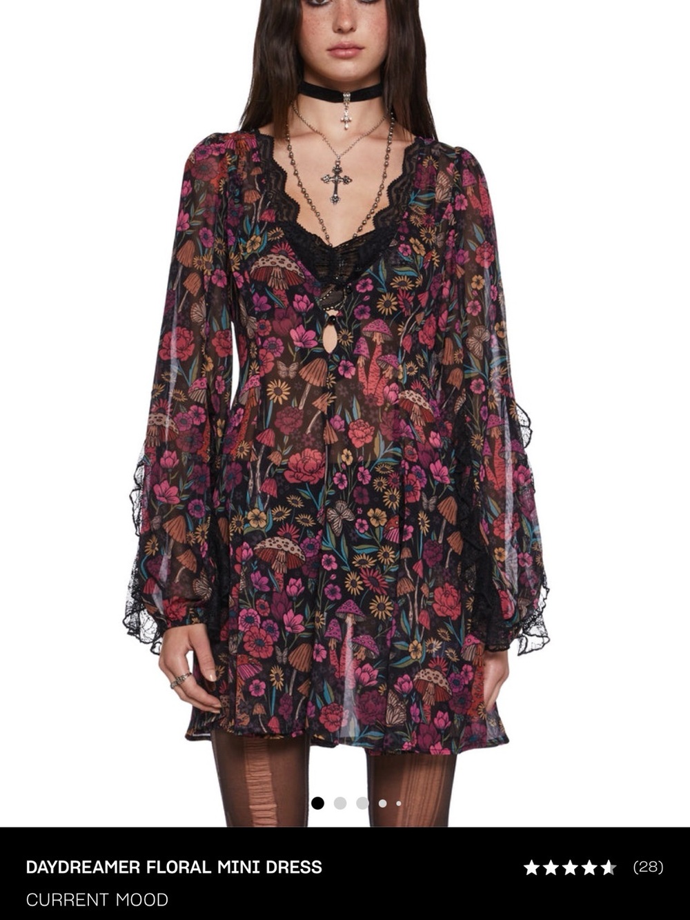 Current Mood Black Floral mushroom Midi Dress with Pink and Teal Blooms